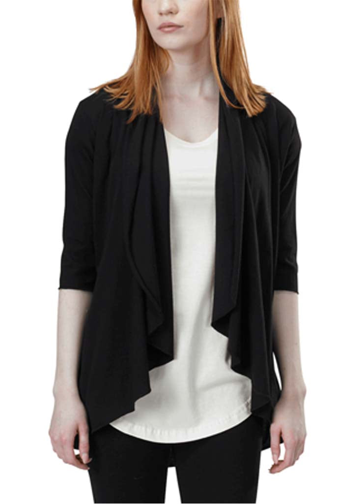 USA Made Organic Cotton Women's Ultra Lightweight Jersey 3/4 Length Sleeve Draped Cardigan in Black