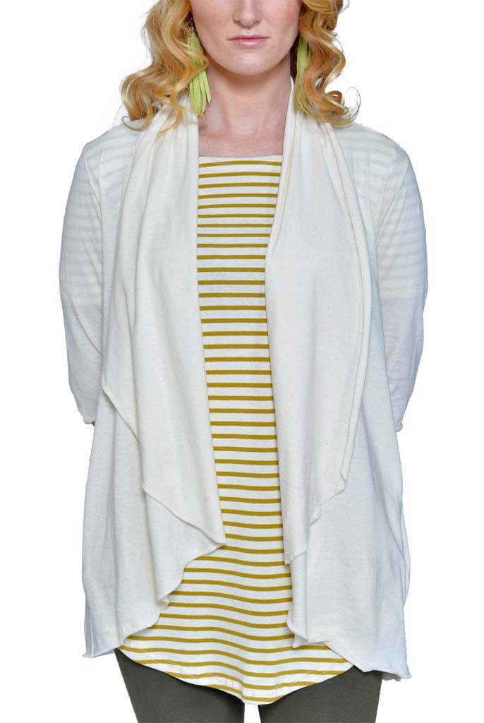 USA Made Organic Cotton Women's Ultra Lightweight Jersey 3/4 Length Sleeve Draped Cardigan in Natural Undyed