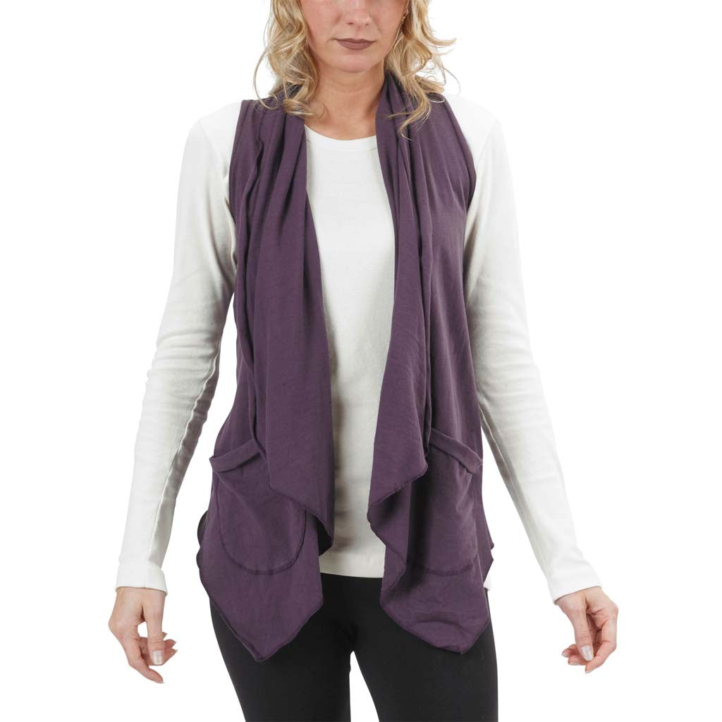 USA Made Organic Cotton Lightweight Jersey Draped Vest in Plum Purple