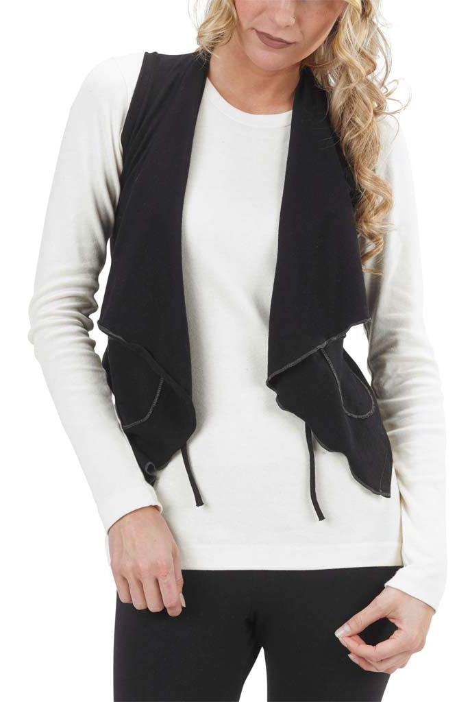 USA Made Organic Cotton Women's Lightweight Jersey Cropped Vintage Drape Vest with Contrast Stitching & Tie in Black