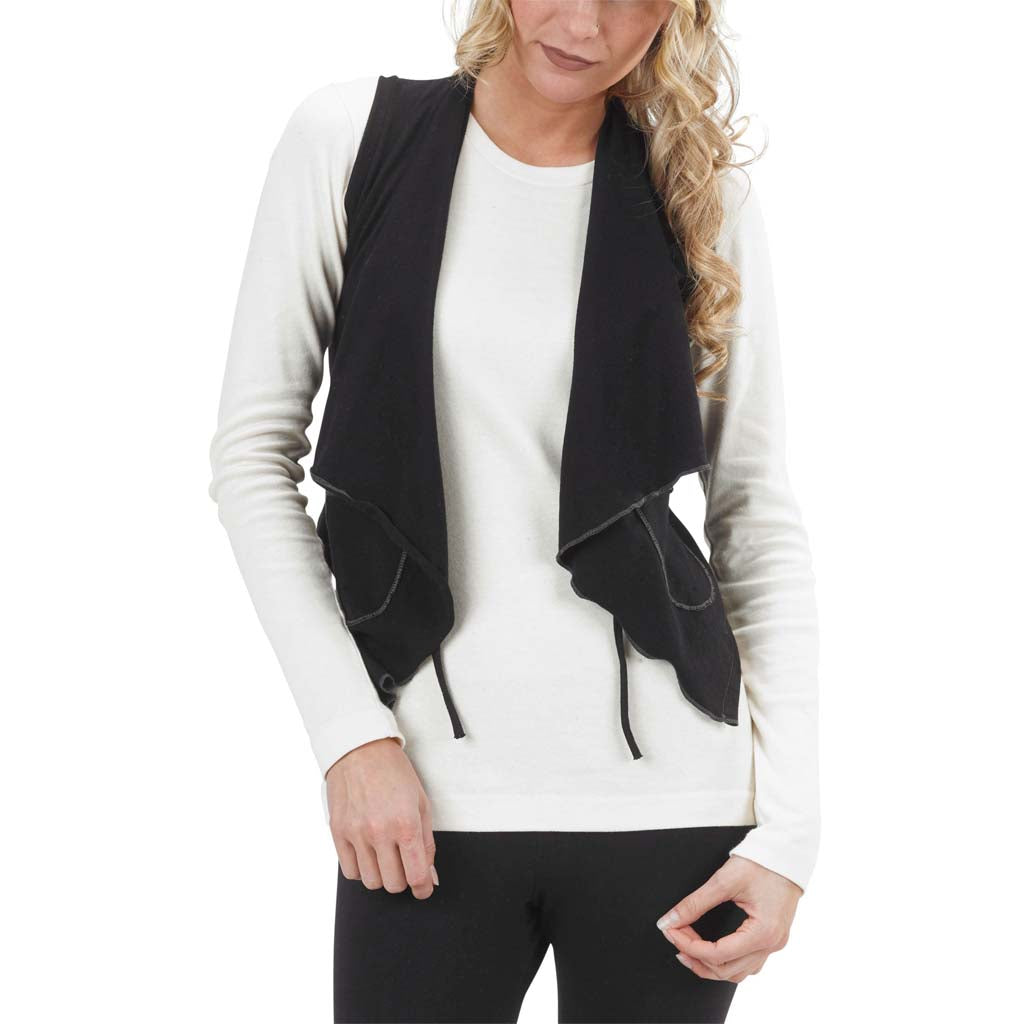 USA Made Organic Cotton Women's Lightweight Jersey Cropped Vintage Drape Vest with Contrast Stitching & Tie in Black