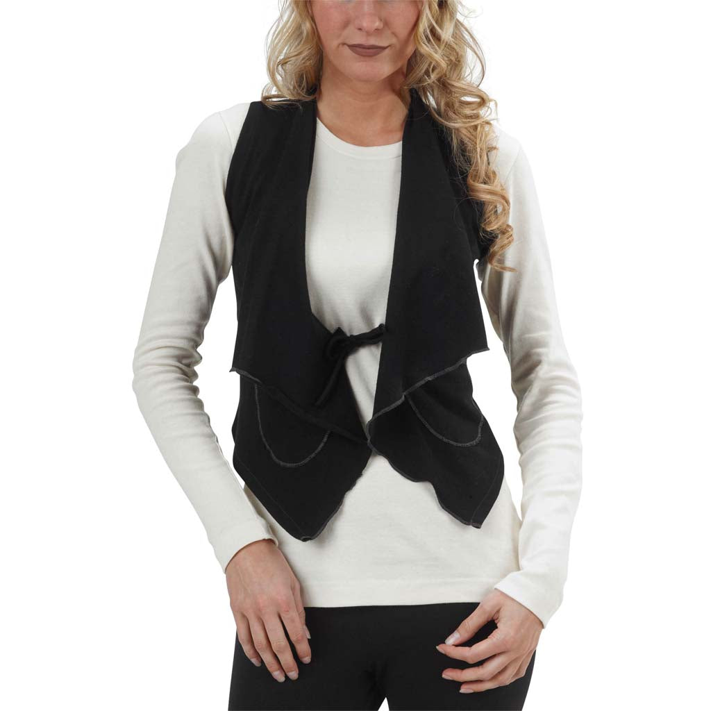 USA Made Organic Cotton Women's Lightweight Jersey Cropped Vintage Drape Vest with Contrast Stitching & Tie in Black