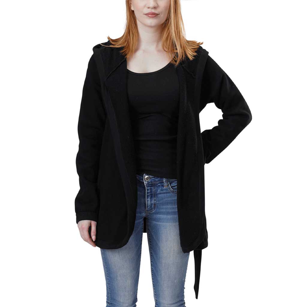 USA Made Organic Cotton Women's Mediumweight Fleece Wrap Jacket with hood & belt - Black