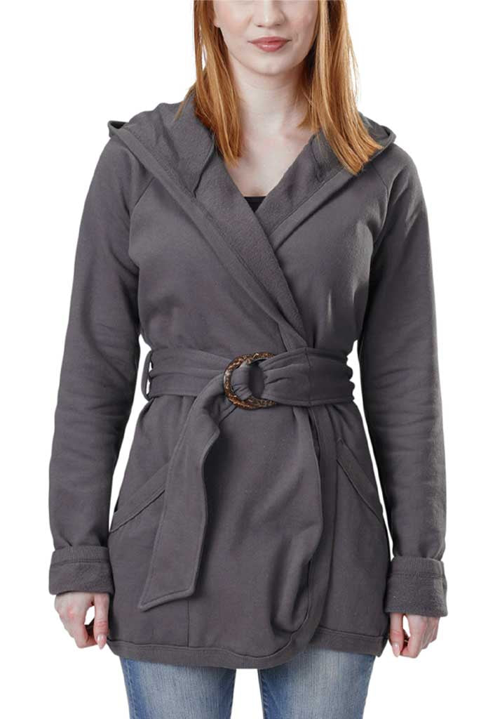 USA Made Organic Cotton Women's Mediumweight Fleece Wrap Jacket with hood & belt - Graphite