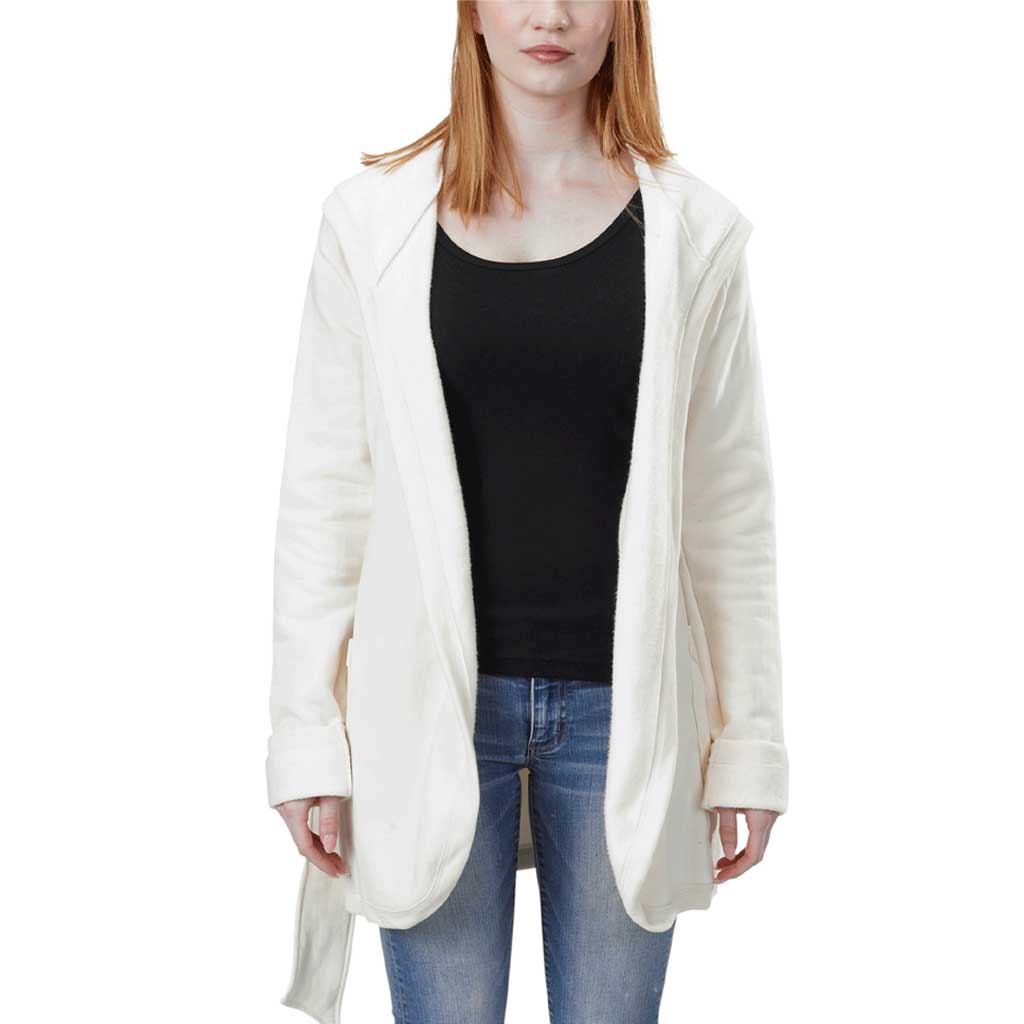 USA Made Organic Cotton Women's Mediumweight Fleece Wrap Jacket with hood & belt - Natural Undyed