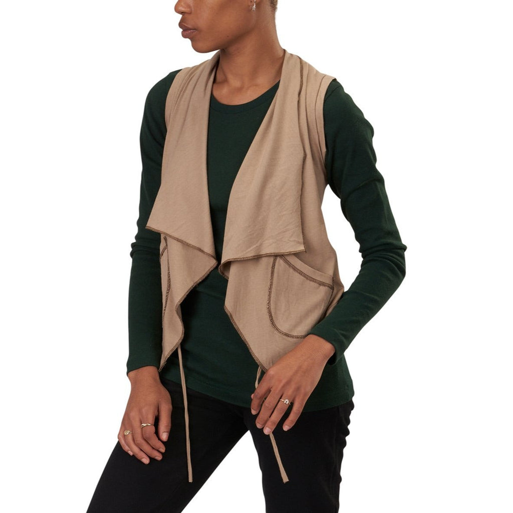USA Made Organic Cotton Women's  Lightweight Jersey Cropped Vintage Drape Vest with Contrast Stitching & Tie in Taupe