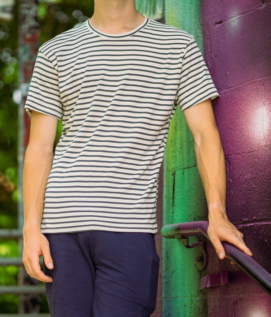 USA Made Organic Cotton Men's Sailor Stripe Short Sleeve Crewneck T-shirt in Natural & Graphite