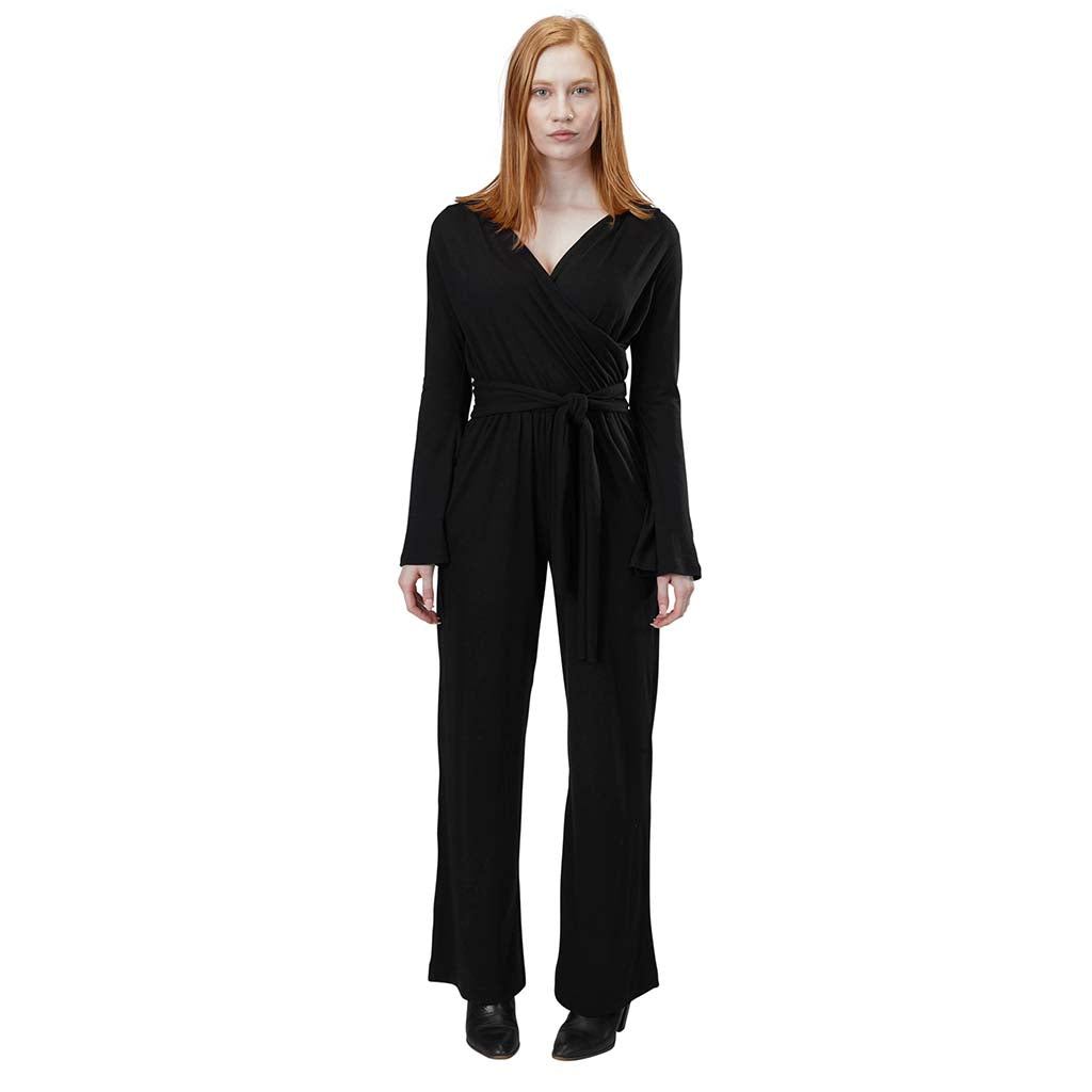 Women's Organic Cotton and Tencel Lightweight Jersey Long Sleeve Surplice Belted Jumpsuit in Black