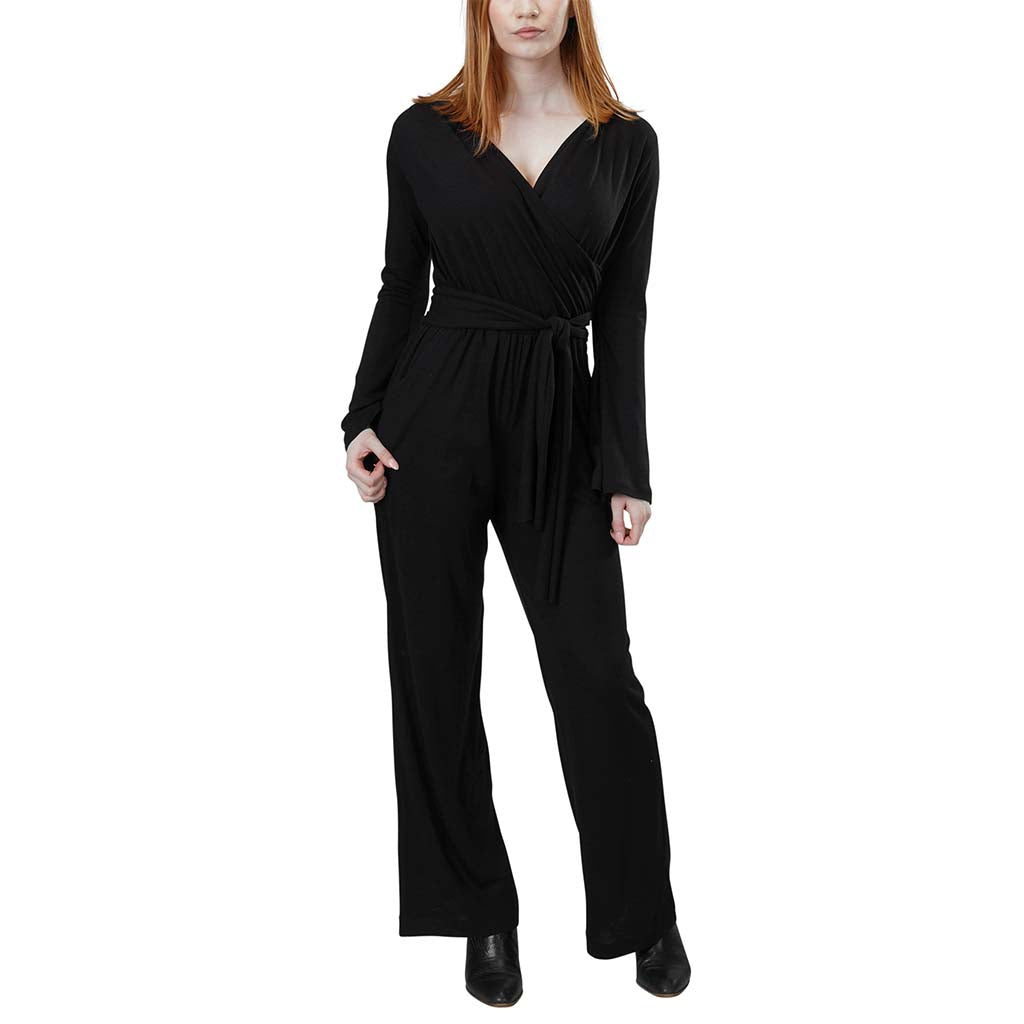 Women's Organic Cotton and Tencel Lightweight Jersey Long Sleeve Surplice Belted Jumpsuit in Black