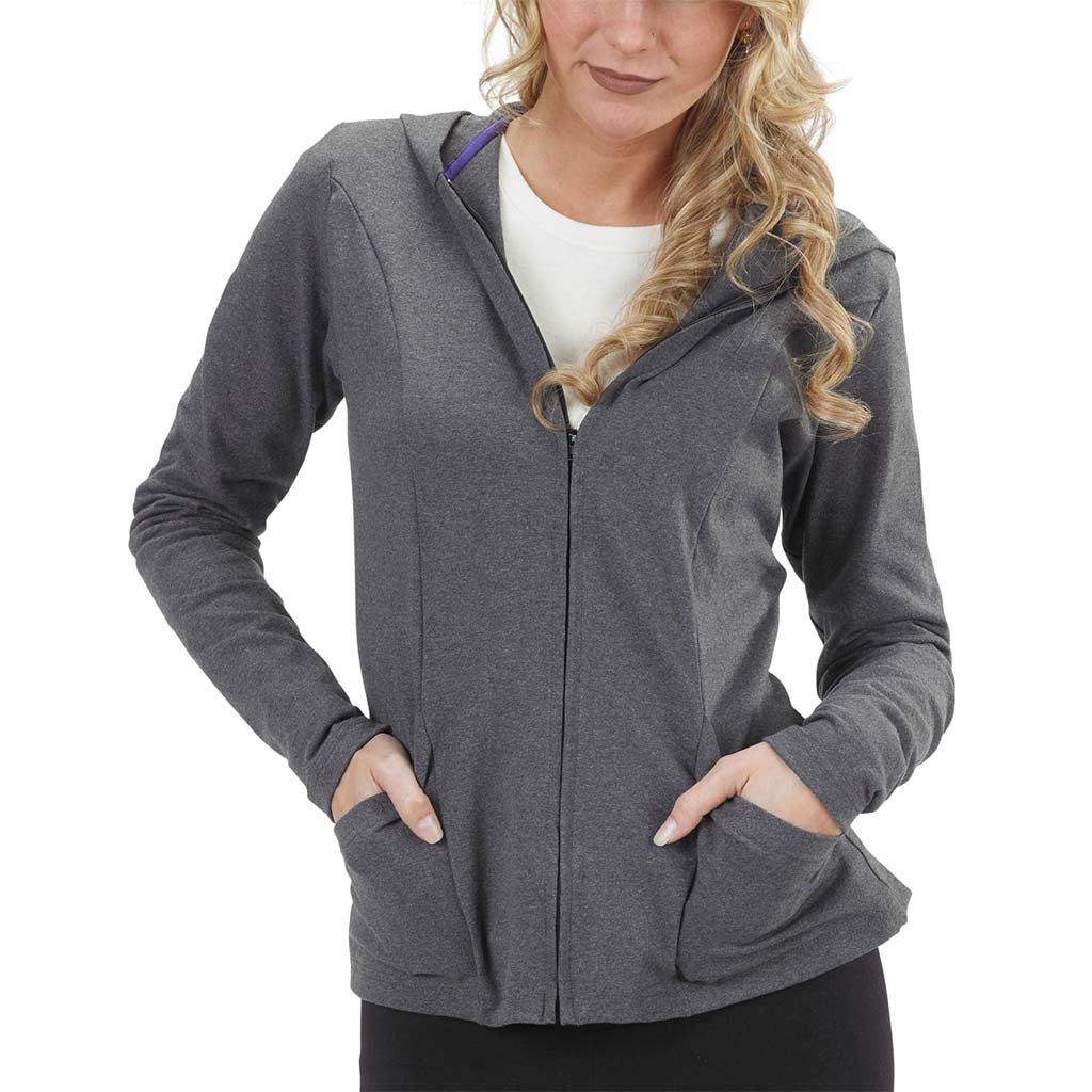 USA Made Organic Cotton/Recycled PET/Lycra Mediumweight Jersey Yoga Zip Hoodie in Charcoal