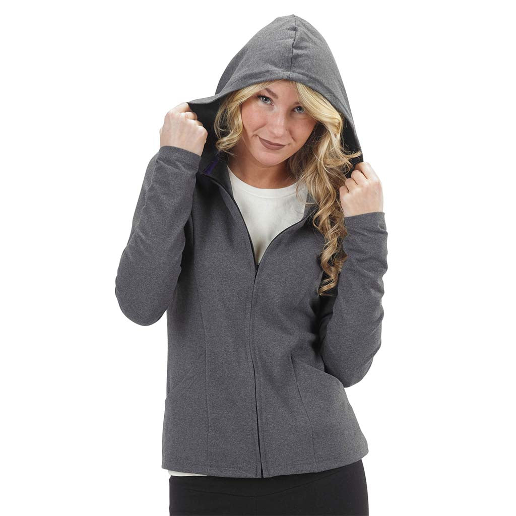 USA Made Organic Cotton/Recycled PET/Lycra Mediumweight Jersey Yoga Zip Hoodie in Charcoal