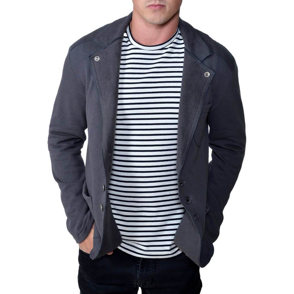 USA Made Organic Cotton Men's LTWT Fleece Hunter Jacket Blazer in Graphite Dark Grey
