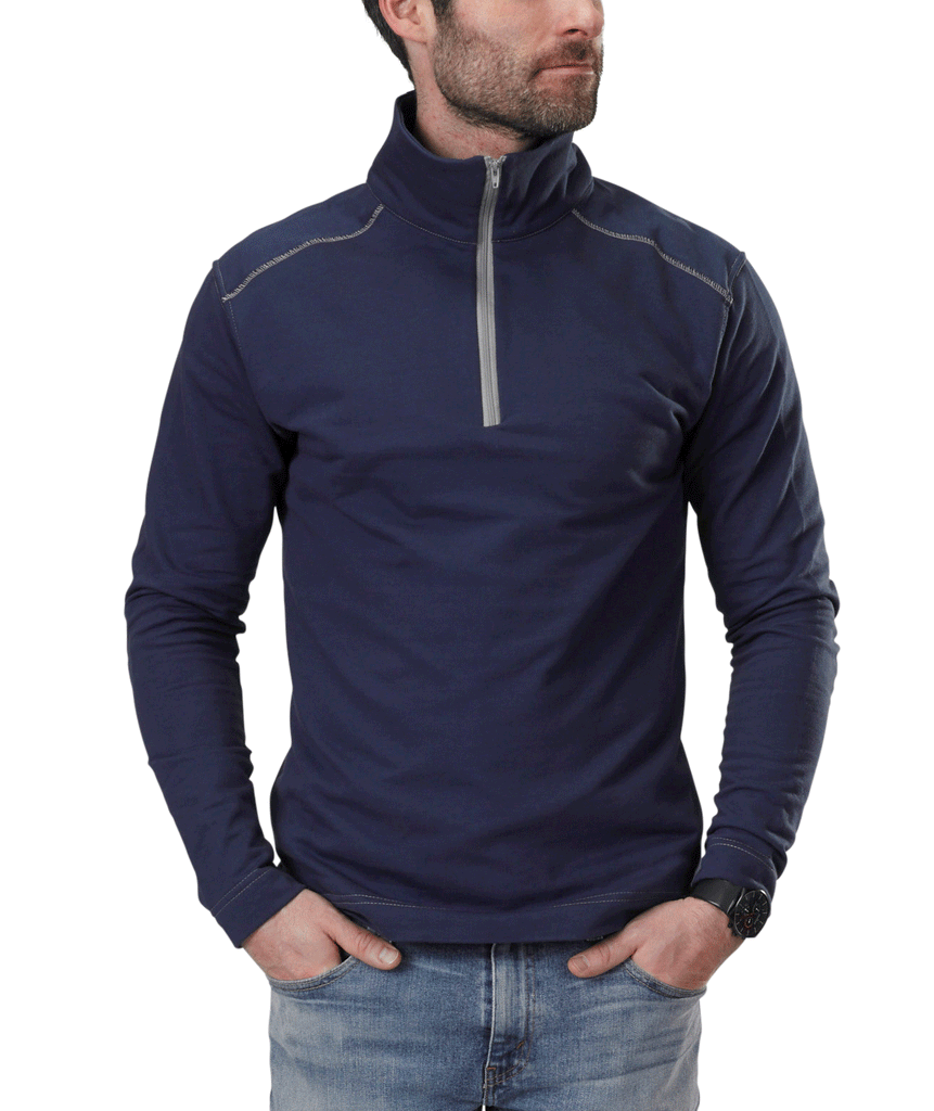 USA Made Organic Cotton Men's Quarter Zip Lightweight French Terry Pullover in Marine with Grey Stitching & Zipper