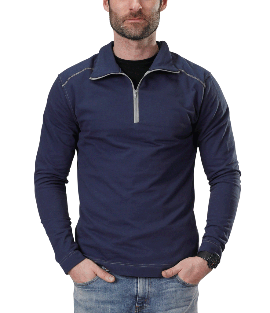 USA Made Organic Cotton Men's Quarter Zip Lightweight French Terry Pullover in Marine with Grey Stitching & Zipper