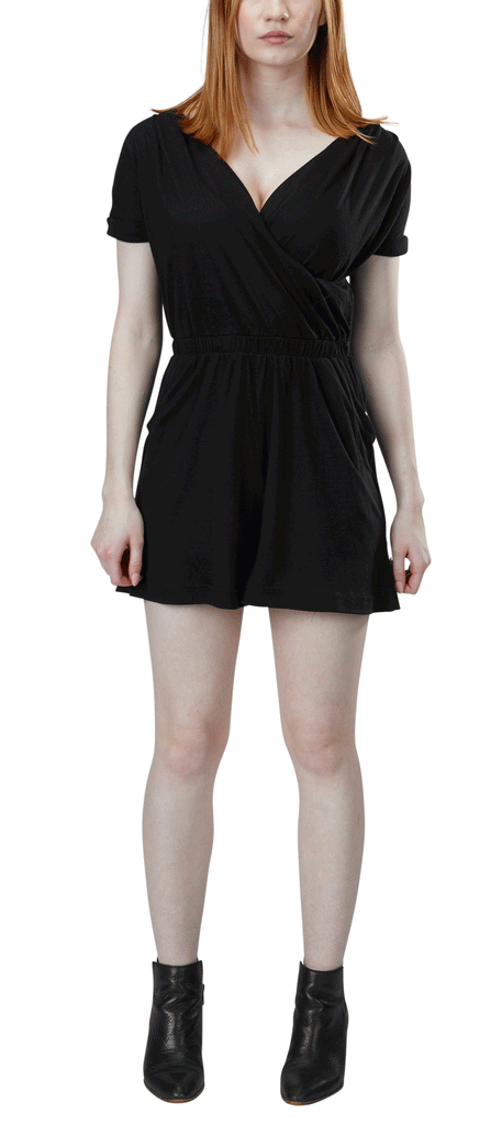 Women's Organic Cotton & Tencel Lightweight Jersey Surplice Belted Romper in Black