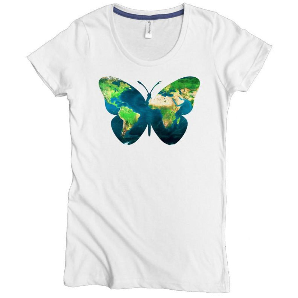 USA Made Organic Cotton Women's Natural Undyed Short Sleeve Favorite Crewneck Graphic Tee with Earth Butterfly Design