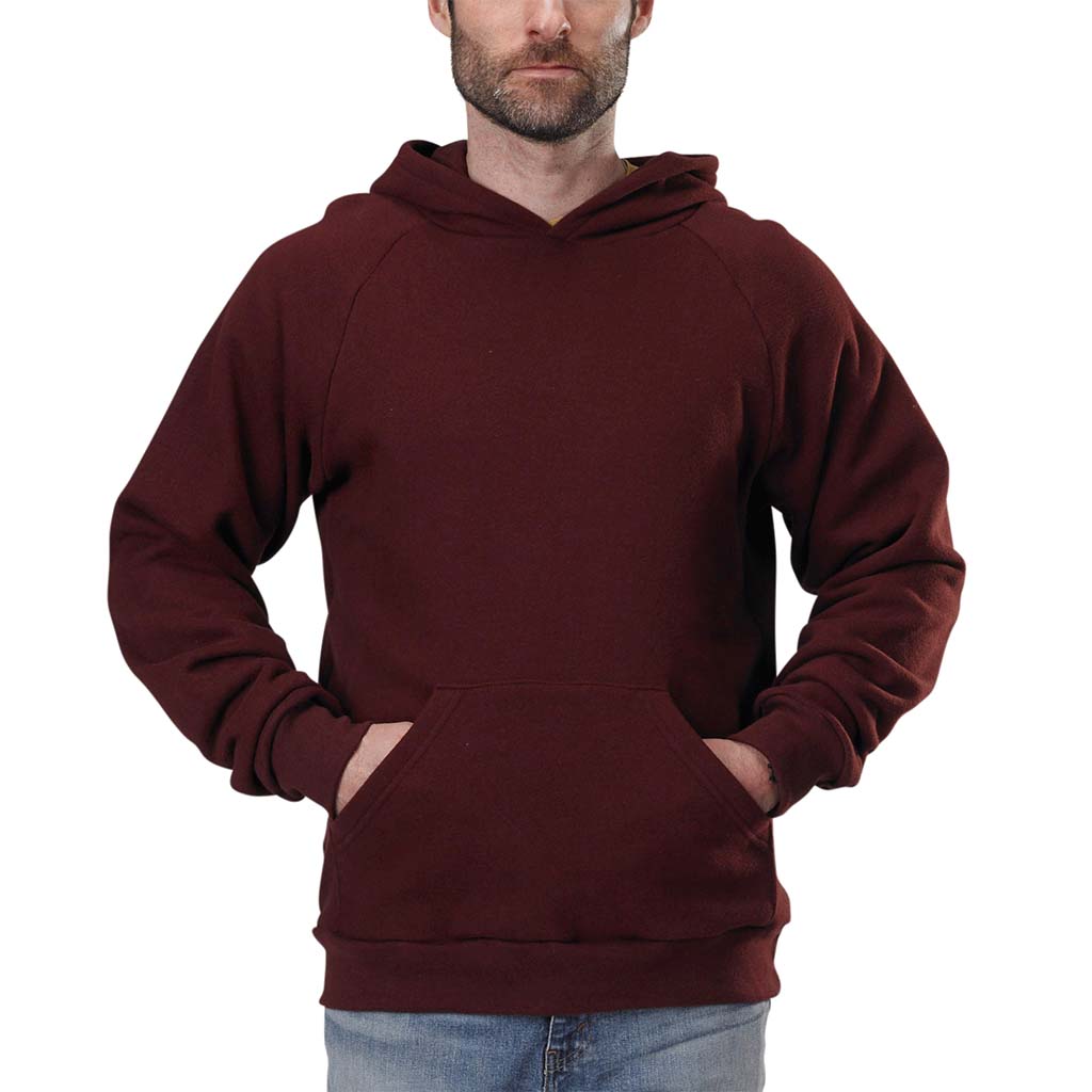 Unisex Organic Cotton Heavywight Fleece Hoodie with Pouch Pocket, Lined Hood, Ribbed cuffs & waistband in Oxblood Maroon 