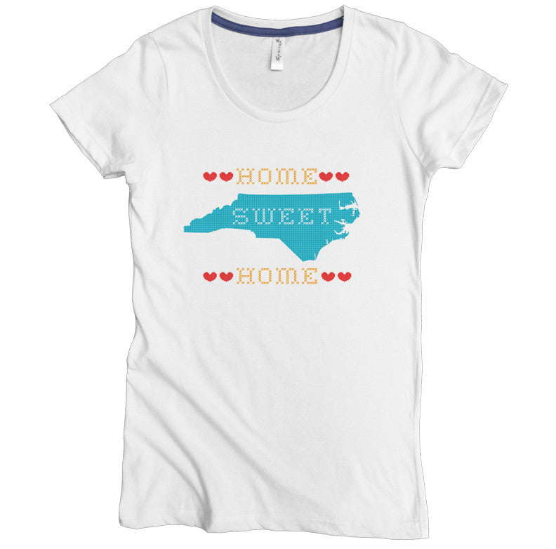 USA Made Organic Cotton Women's White Short Sleeve Favorite Crewneck Graphic Tee with Home Sweet Home NC Design