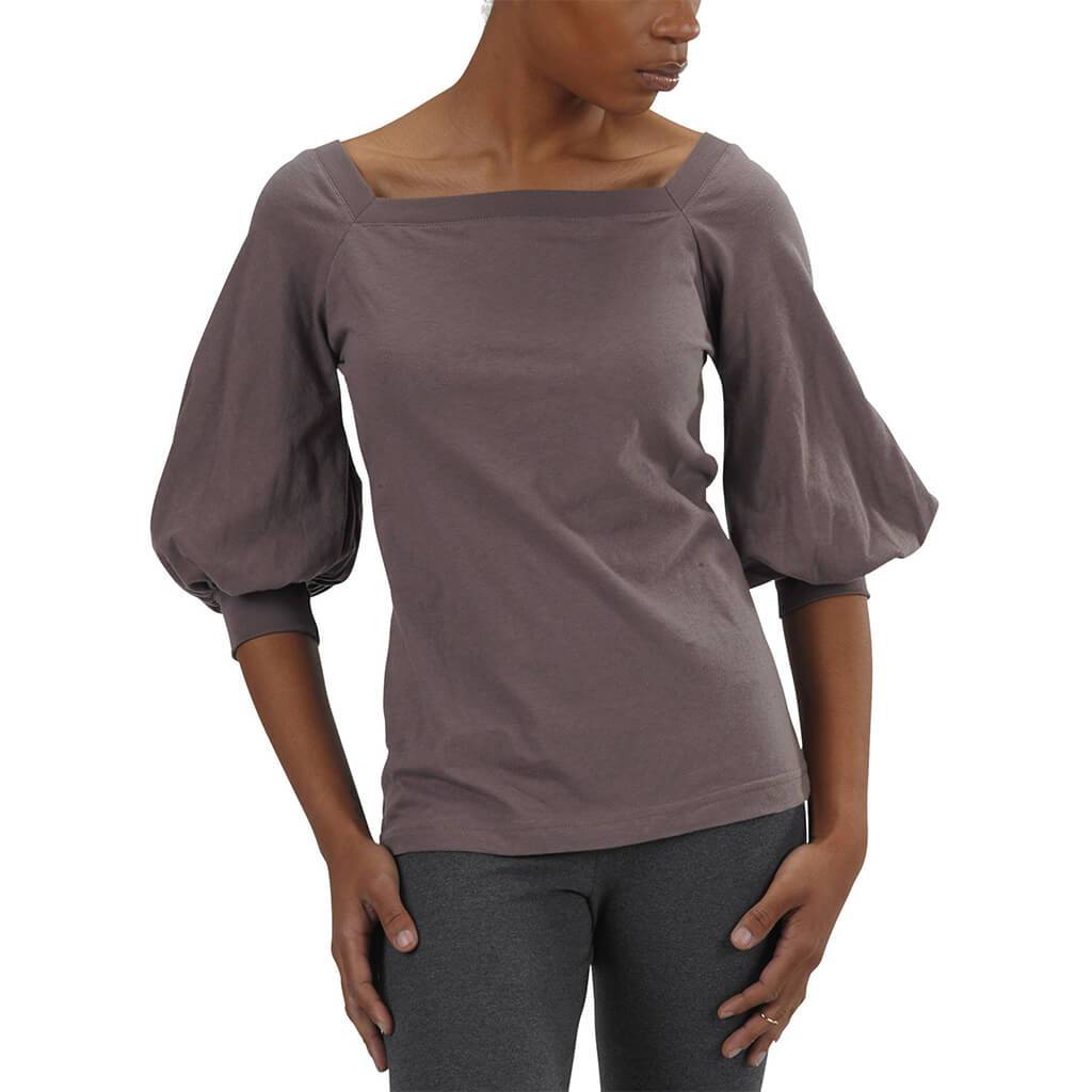 USA Made Organic Cotton Women's Romantic Top with 3/4 Length Puff Sleeves and Square Cut Neck in Mushroom Purple