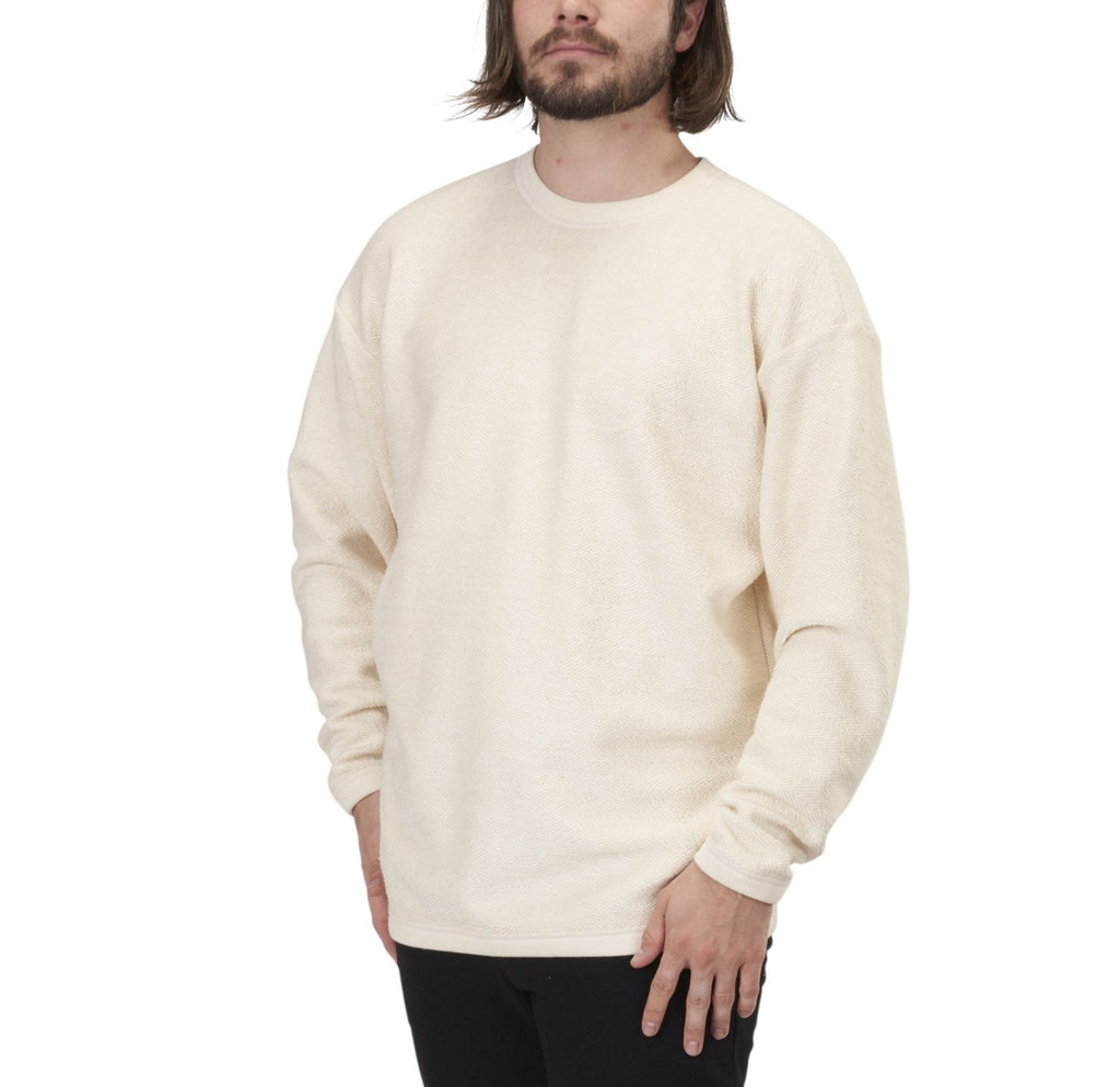 Unisex Organic Cotton Drop Shoulder Herringbone Heavy French Terry Crewneck Sweatshirt in Natural Undyed