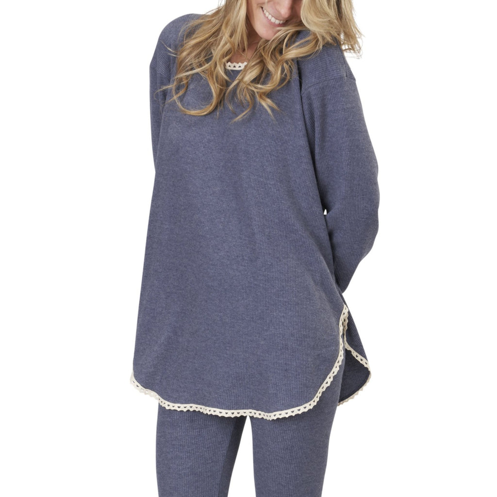 USA Made Organic Cotton Heavyweight Waffle Knit Thermal Lounge Wear Pajama Top with Lace Trim in Marled Marine