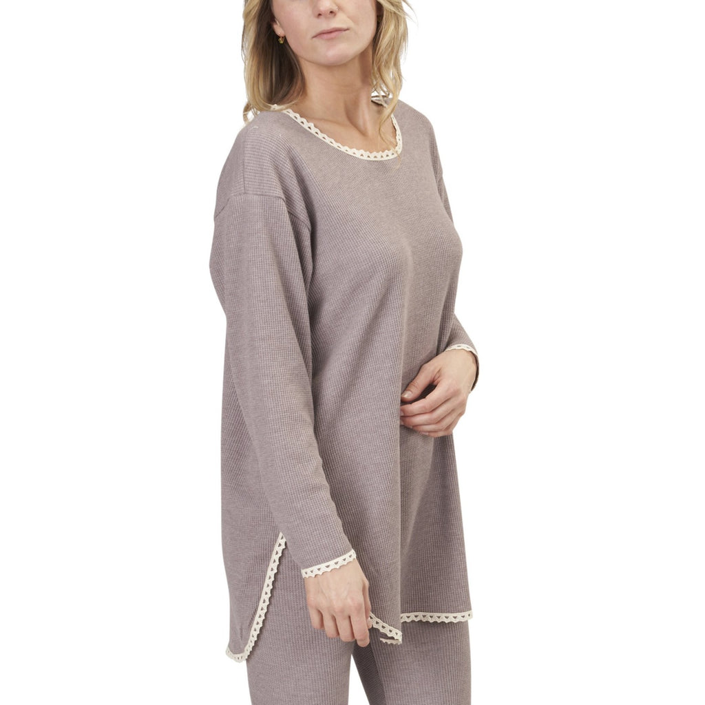 USA Made Organic Cotton Heavyweight Waffle Knit Thermal Lounge Wear Pajama Top with Lace Trim in Marled Mushroom