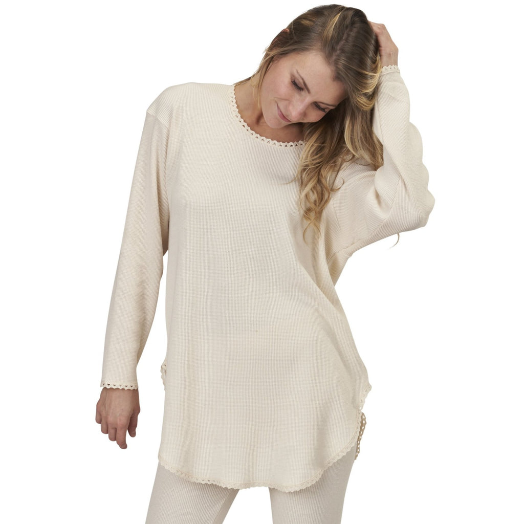 USA Made Organic Cotton Heavyweight Waffle Knit Thermal Lounge Wear Pajama Top with Lace Trim in Natural Undyed