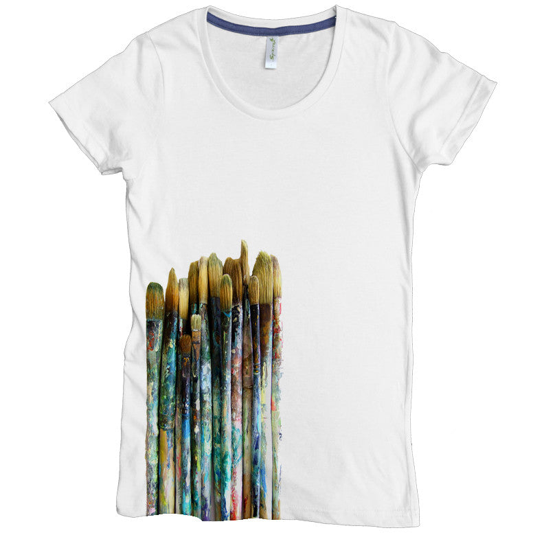 USA Made Organic Cotton Women's White Short Sleeve Favorite Crewneck Graphic Tee with Paintbrush Design