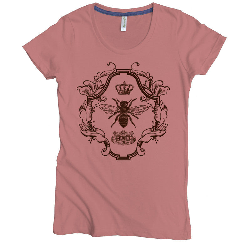 USA Made Organic Cotton Women's Fitted Short Sleeve Crewneck Favorite Tee in Dusty Pink with Queen Bee Graphic