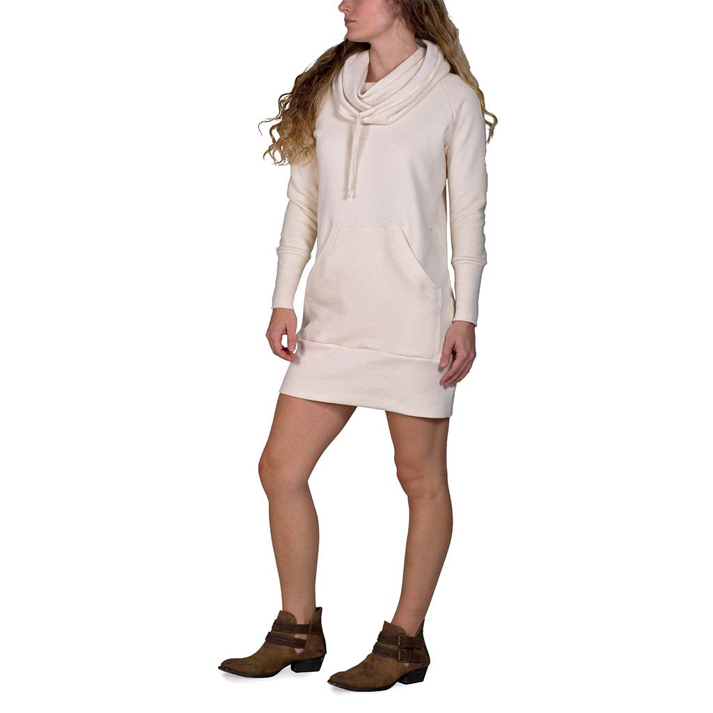 USA Made Organic Cotton Heavyweight French Terry Hooded Cowlneck Sweatshirt Dress with Kangaroo Pocket in Natural Undyed