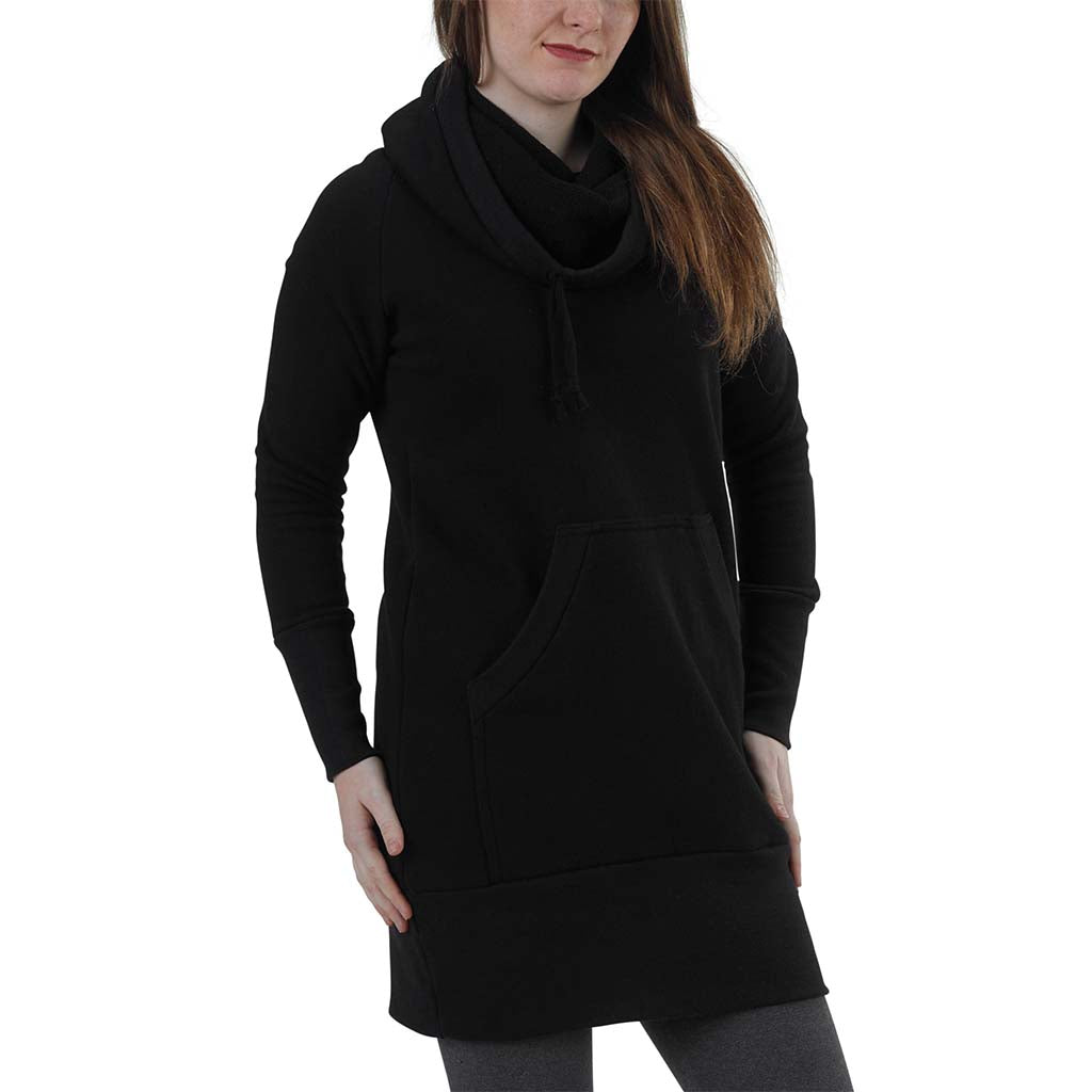 USA Made Organic Cotton Heavyweight French Terry Hooded Cowlneck Sweatshirt Dress with Kangaroo Pocket in Black