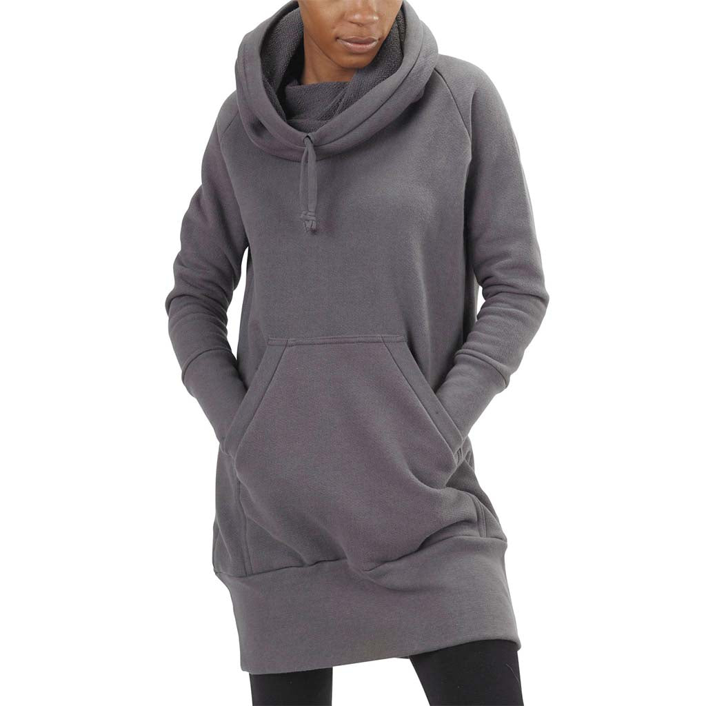 USA Made Organic Cotton Heavyweight French Terry Hooded Cowlneck Sweatshirt Dress with Kangaroo Pocket in Graphite Deep Grey