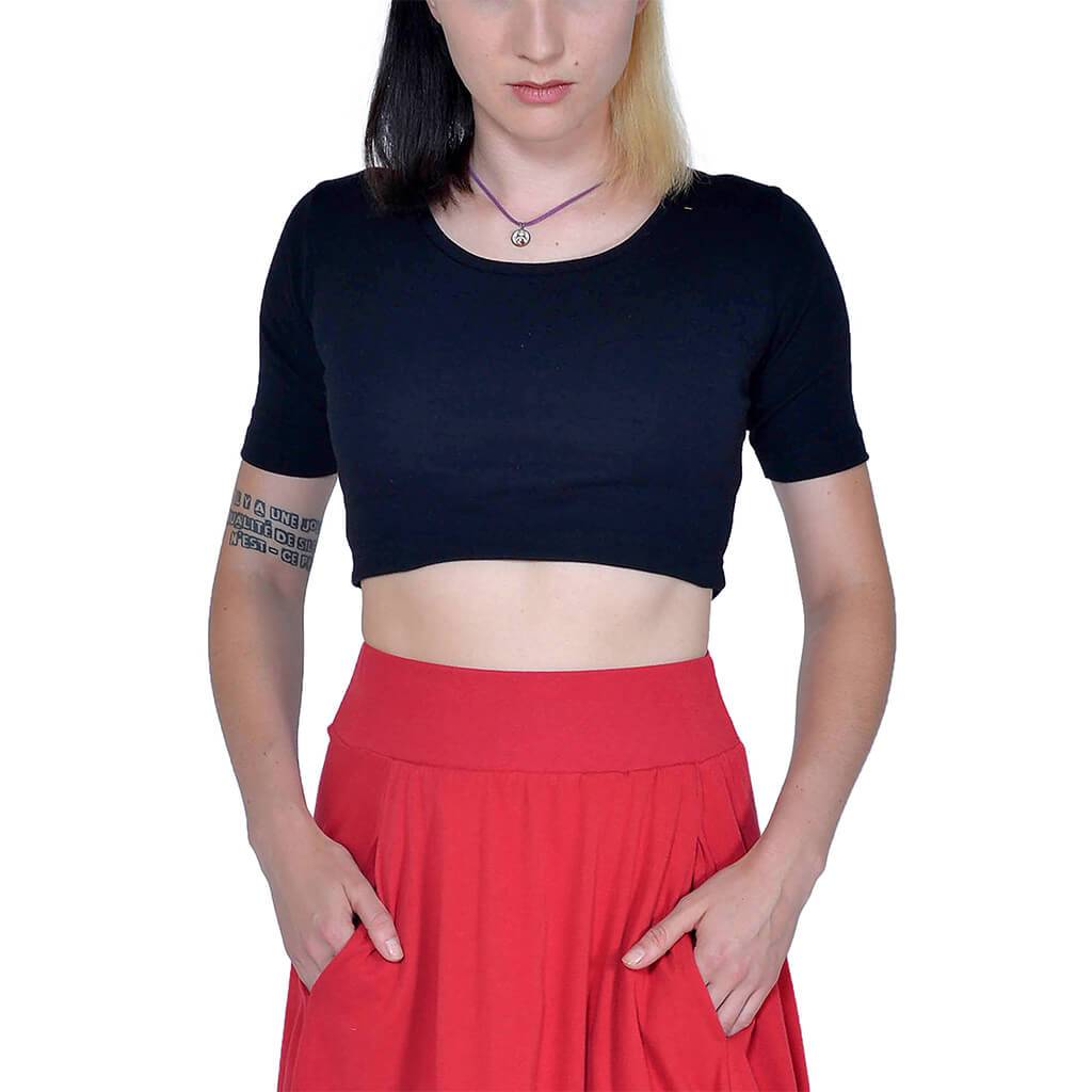 USA Made Organic Cotton Women's Short Sleeve Rib Coxe Crop Top in Black