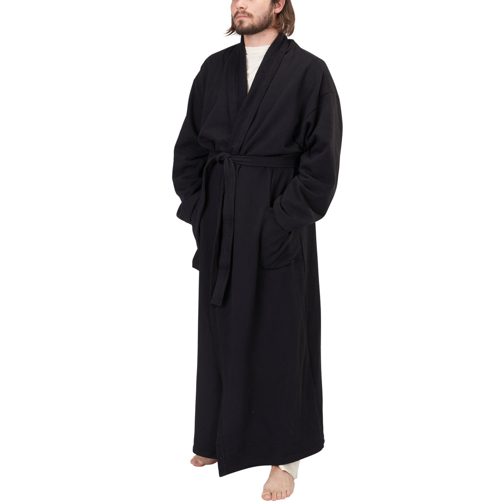 USA Made Organic Cotton Unisex Full-Length Fleece Robe in Black - Tied