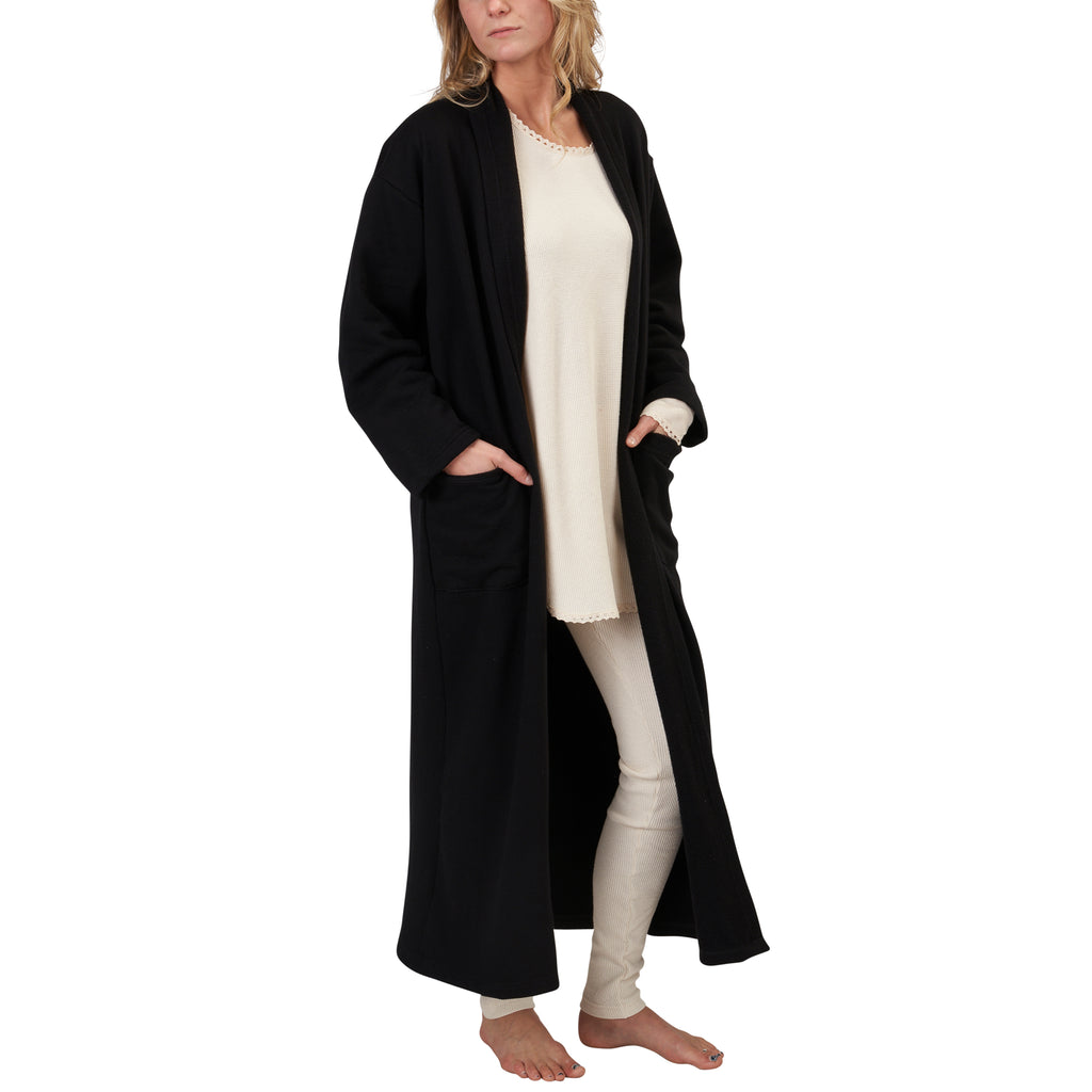 USA Made Organic Cotton Unisex Full-Length Fleece Robe in Black - Open