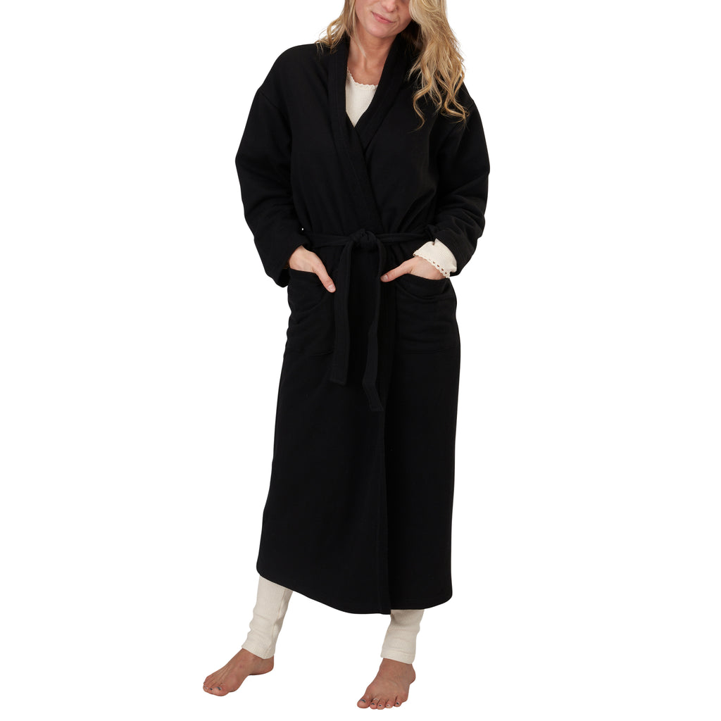 USA Made Organic Cotton Unisex Full-Length Fleece Robe in Black - Tied