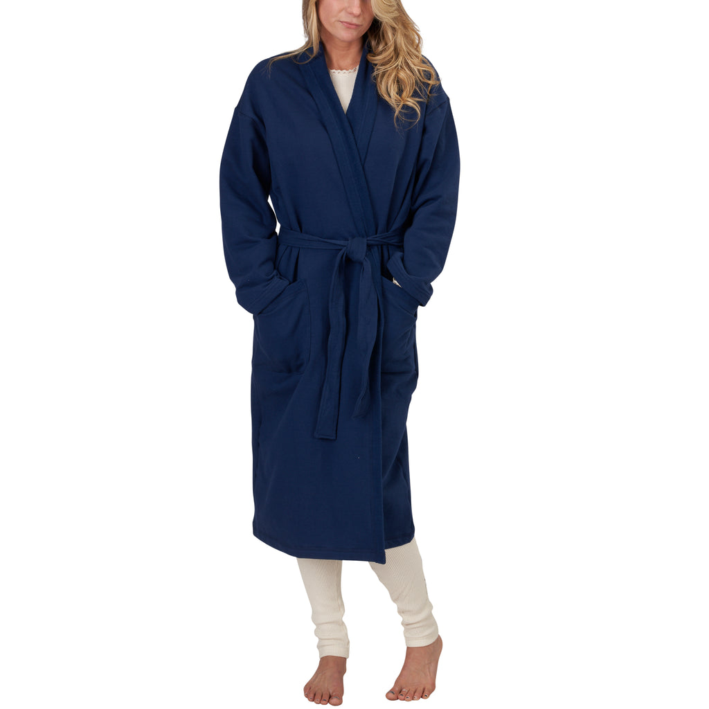 USA Made Organic Cotton Unisex Mid-Length Fleece Robe in Fleet Blue