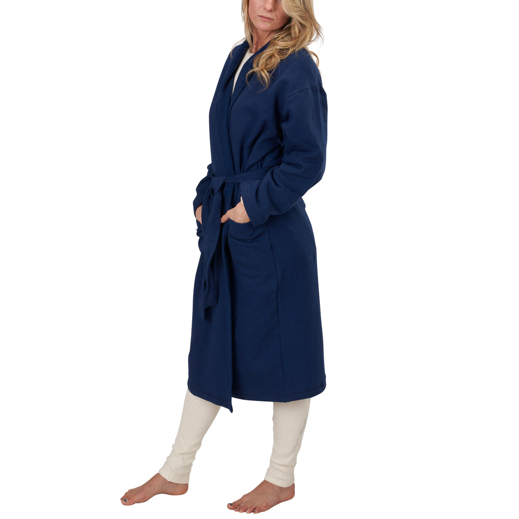 USA Made Organic Cotton Unisex Mid-Length Fleece Robe in Fleet Blue - Side View