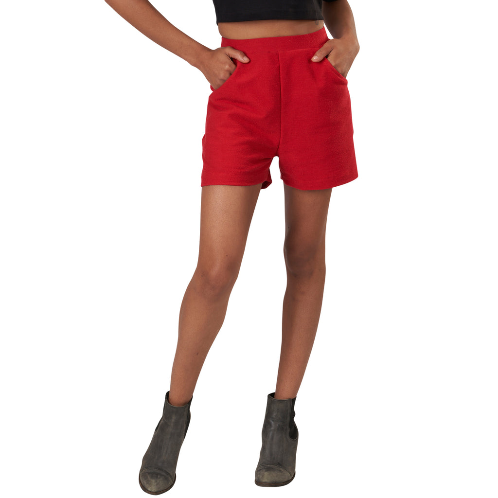USA Made Organic Cotton Lightweight French Terry Betty Hi Waisted Shorts with pockets & back zipper in Carmine Red