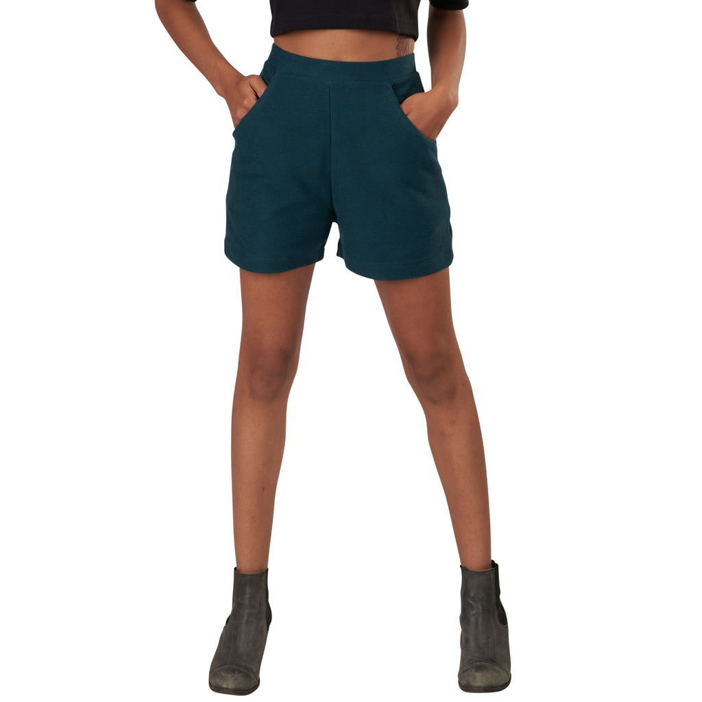 USA Made Organic Cotton Lightweight French Terry Betty Hi Waisted Shorts with pockets & back zipper in Reflection Pond Dark Turquoise