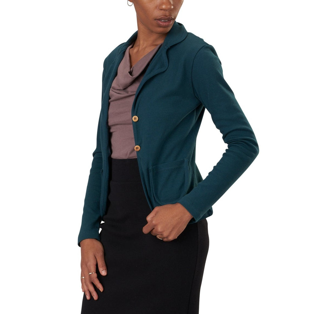 USA Made Organic Cotton Women's Rib Lightweight Broadway Blazer Cardigan in Reflection Pond Deep Turquoise