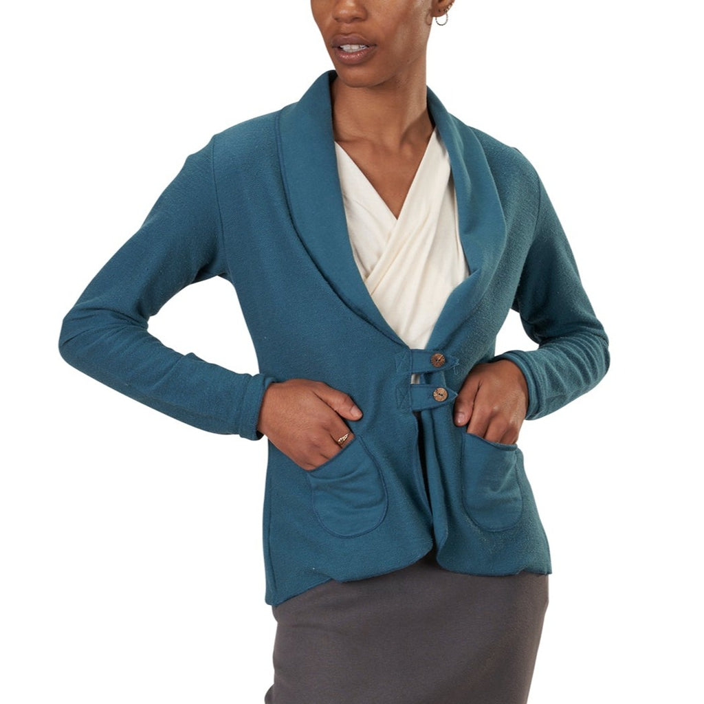 USA Made Organic Cotton Women's Lightweight French Terry Tab Jacket Blazer in Flemish Blue