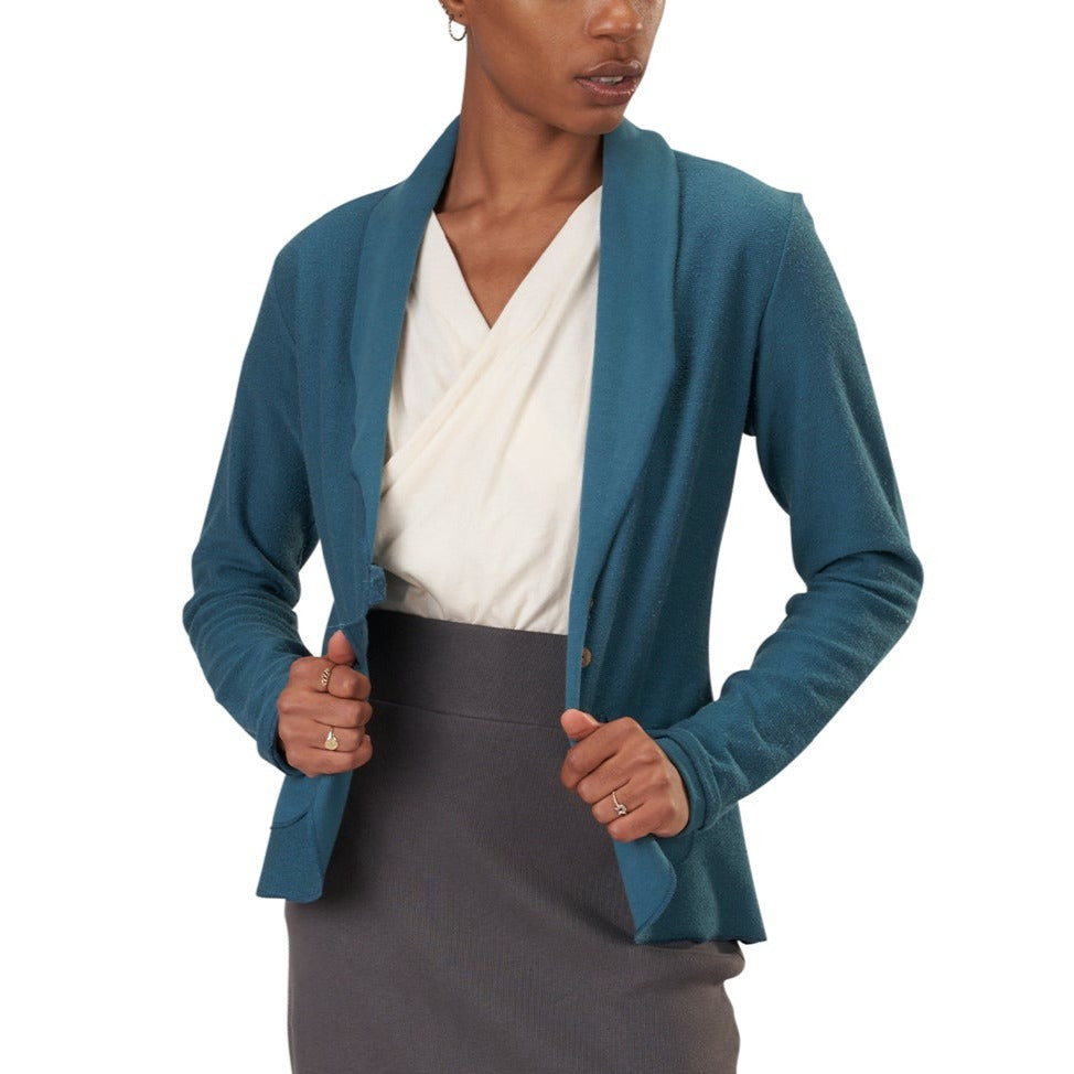 USA Made Organic Cotton Women's Lightweight French Terry Tab Jacket Blazer in Flemish Blue