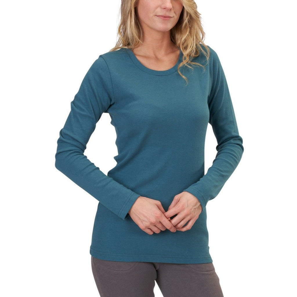 USA Made Organic Cotton Women's Rib Long Sleeve Perfect Crewneck T-Shirt in Flemish Blue