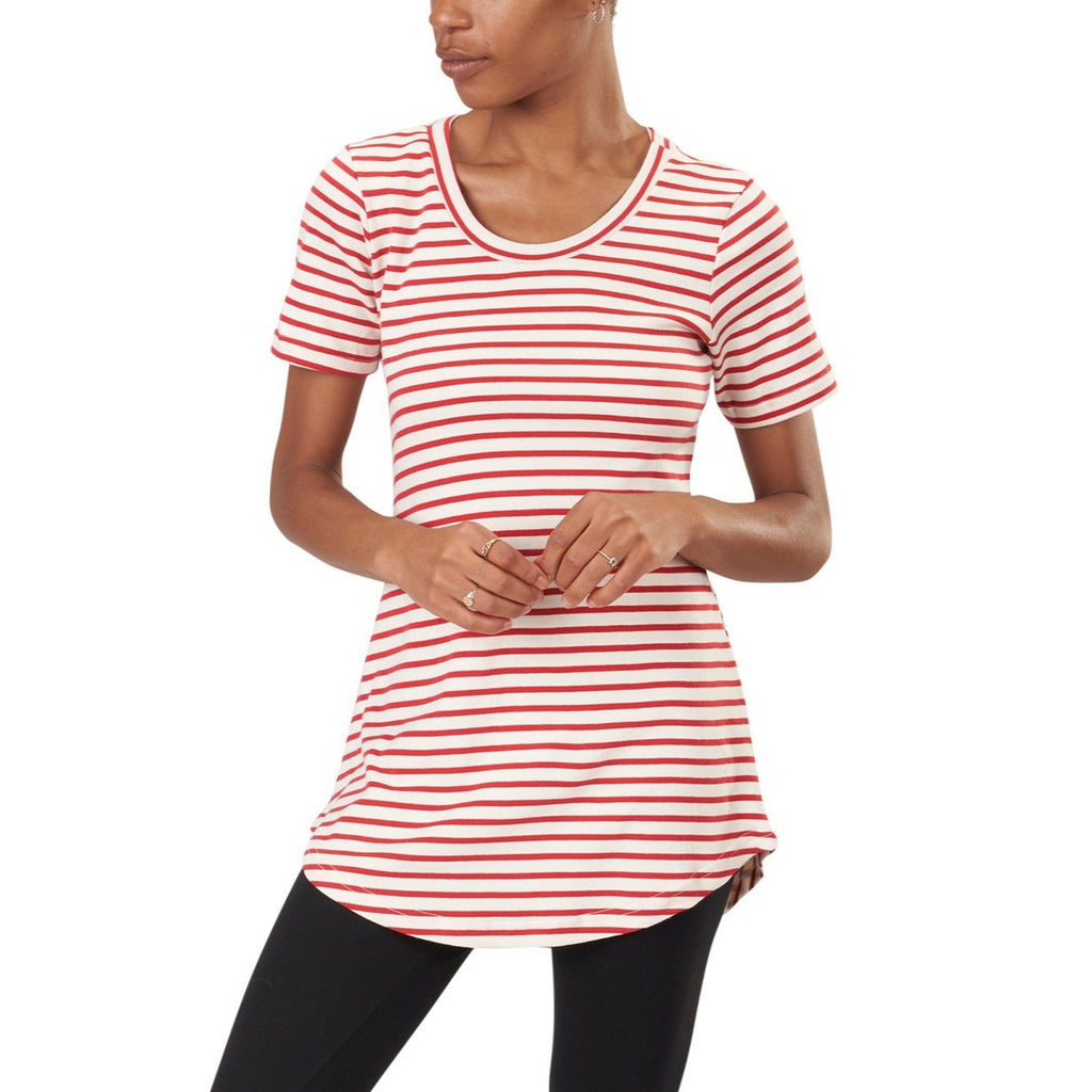 USA Made Organic Cotton Women's Short Sleeve Striped Maddi Tunic Tee in Natural and Carmine Sailor Stripe