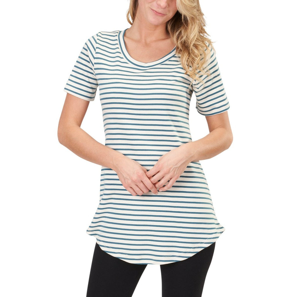 USA Made Organic Cotton Women's Short Sleeve Striped Maddi Tunic Tee in Natural and Flemish Blue Sailor Stripe