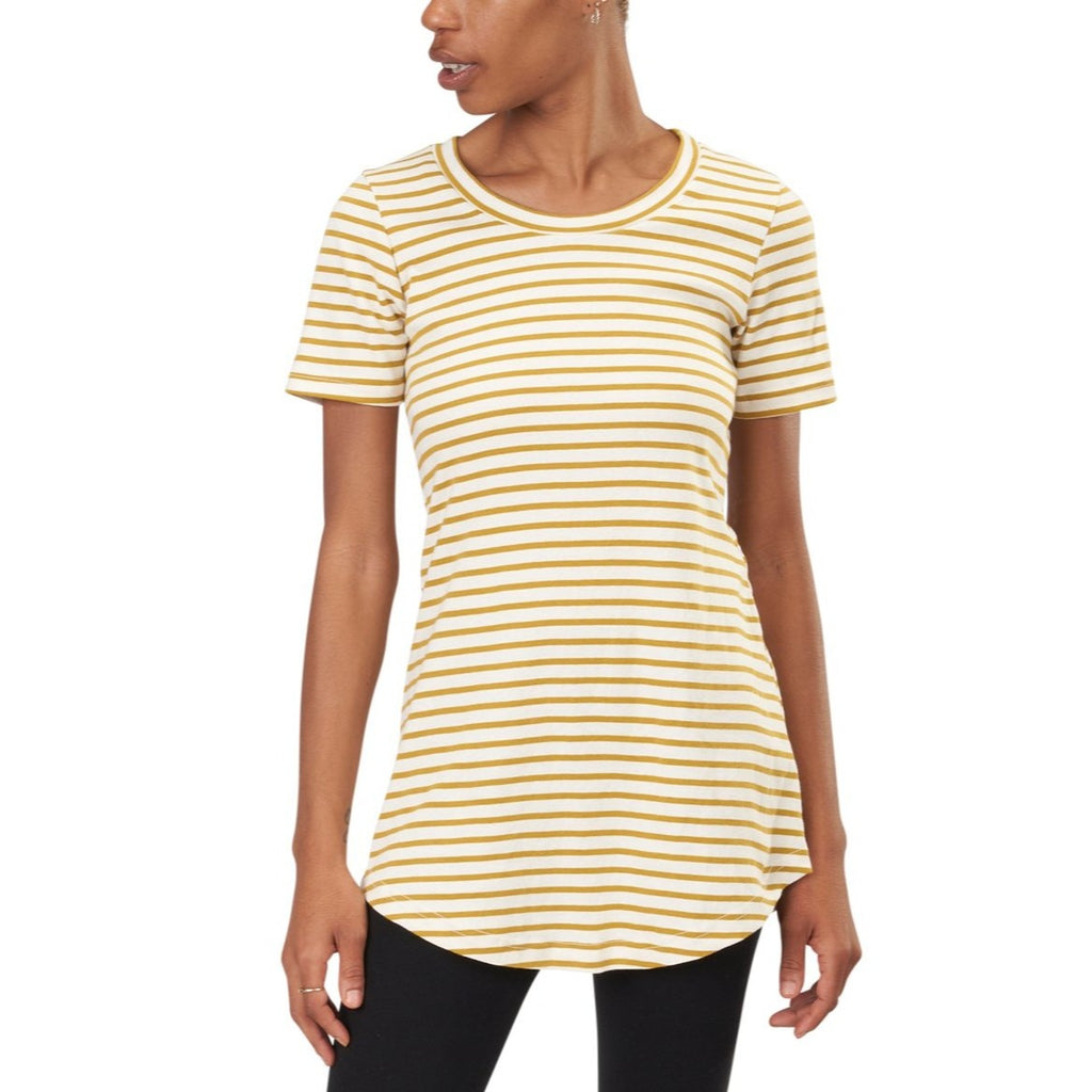 USA Made Organic Cotton Women's Short Sleeve Striped Maddi Tunic Tee in Natural and Martini Sailor Stripe