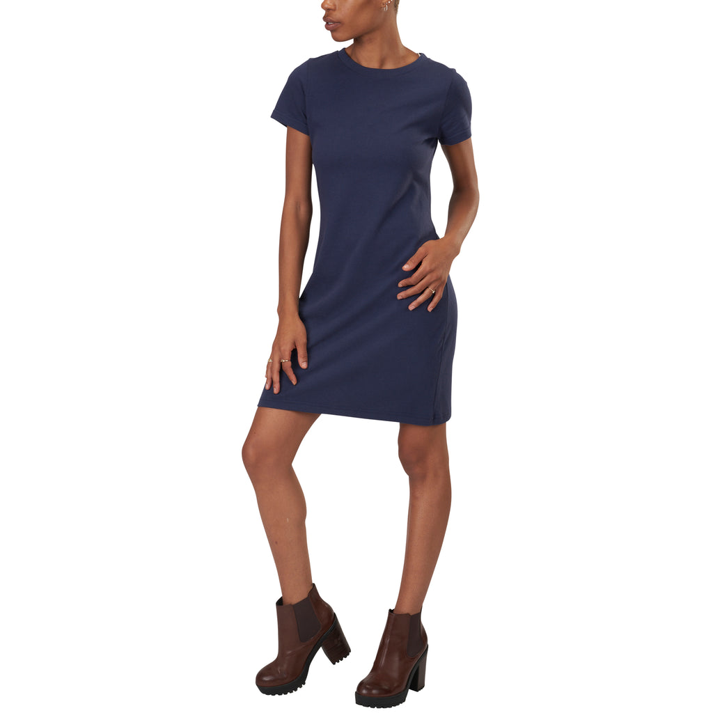 Organic Cotton Short Sleeve Fitted Crewneck T-Shirt Dress in Marine Blue