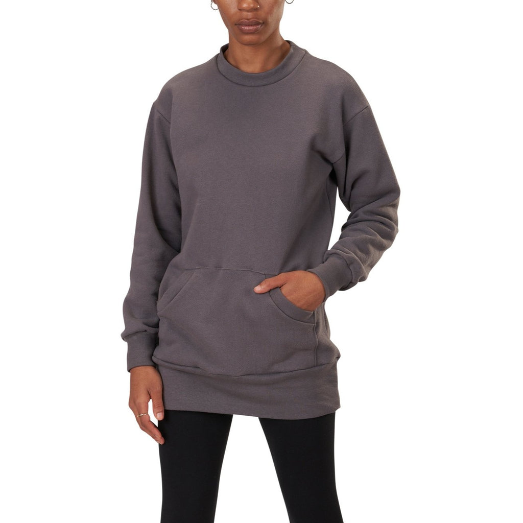 USA Made Organic Cotton Heavyweight Fleece Sweatshirt Tunic Dress with Kangaroo Pocket in Graphite Deep Grey