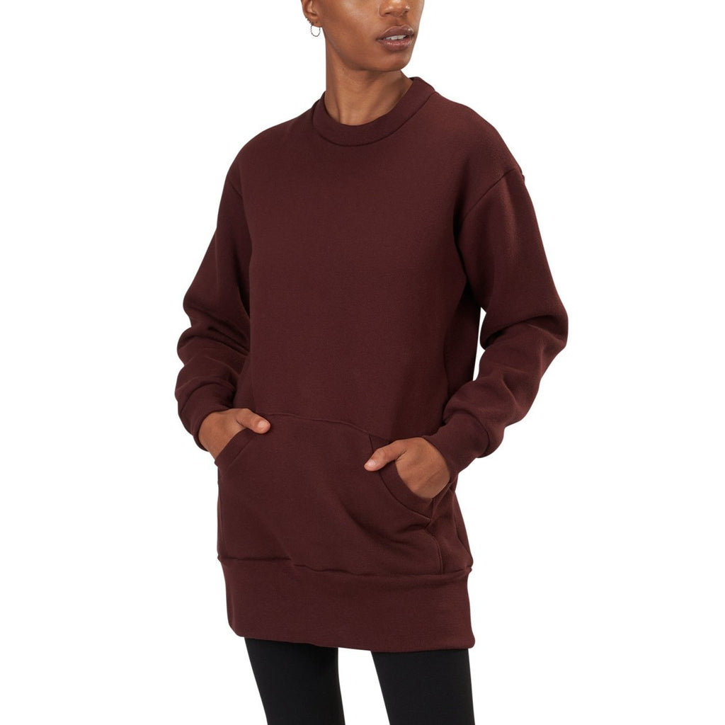 USA Made Organic Cotton Heavyweight Fleece Sweatshirt Tunic Dress with Kangaroo Pocket in Oxblood Maroon